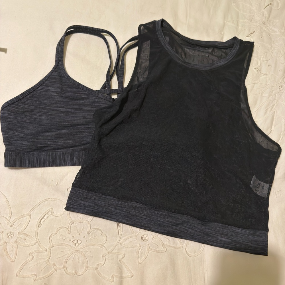 ZYIA Active Black and Gray Sports Bra with sheer tank top